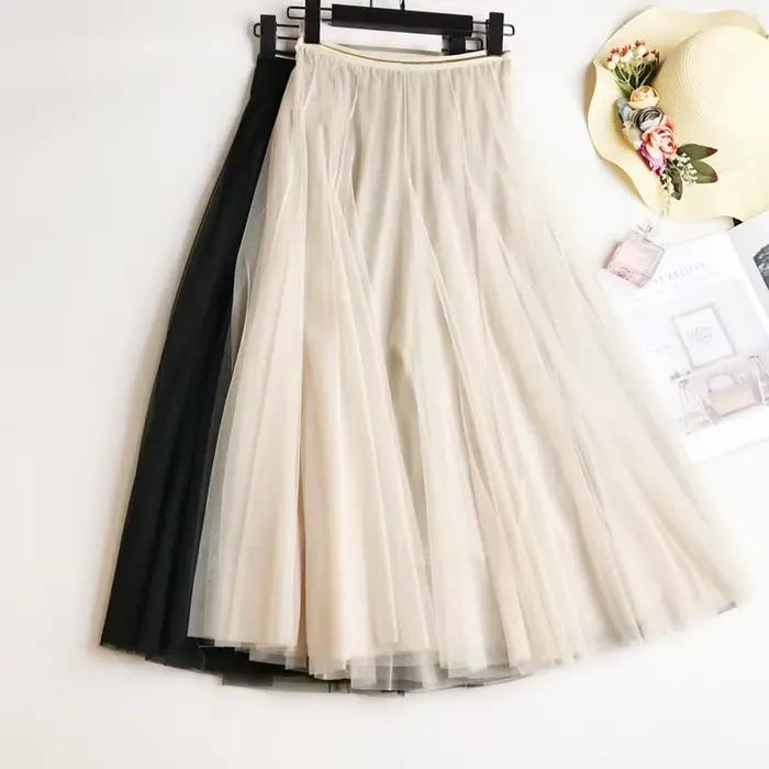Été maille femmes jupe plissée solide taille haute une ligne Tulle jupes Chic longue Maxi Tutu