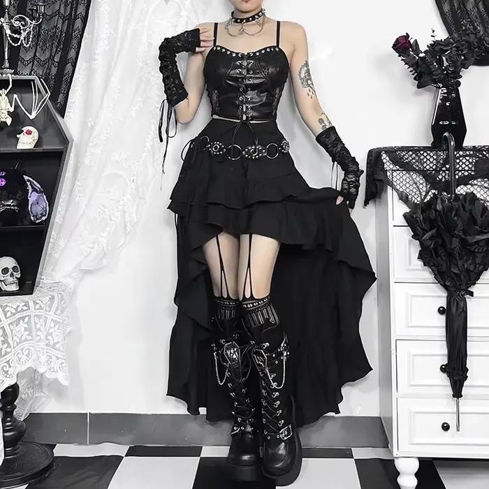 Jupe gothique Kawaii noir à plusieurs niveaux avec ourlet irrégulier pour femmes mode traînant années 90 rétro gothique alternative