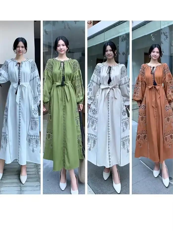 Robe Vintage de Style ethnique pour femmes, manches longues, Slim, ligne a, style Boho, en coton et lin, élégante, brodée, printemps automne