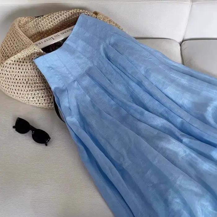 Jupe licou bleue en lin Lyocell plissé haut de gamme pour femmes