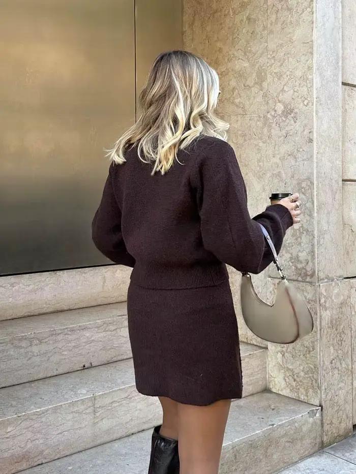 HH femmes jupe costume Chic col rond tricoté à manches longues simple boutonnage poche Cardigan + mode taille élastique