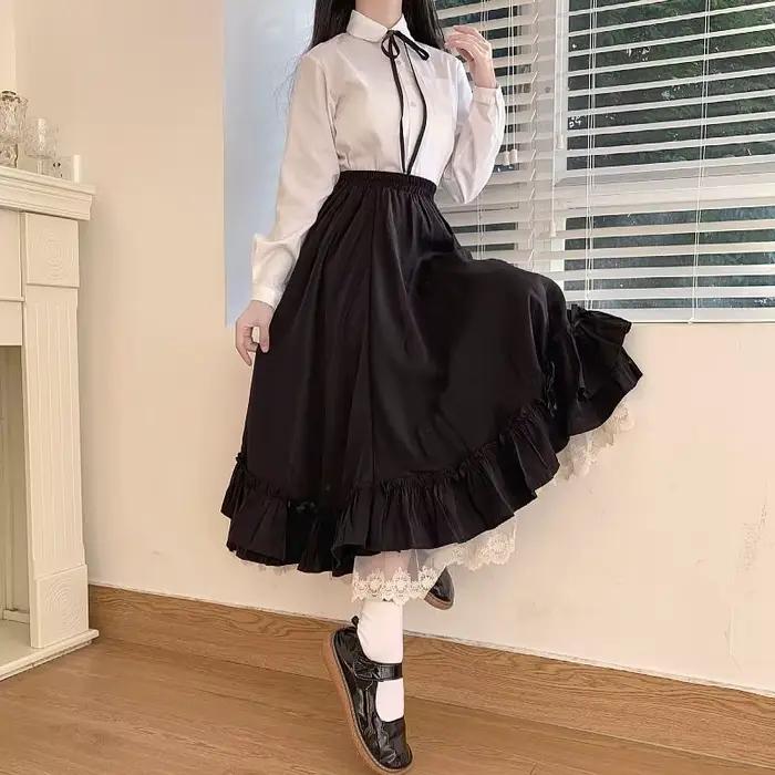 Jupe femme Vintage français élégant à volants Double couche demi-jupe Lolita jupes longues femmes mode 2023 a-ligne