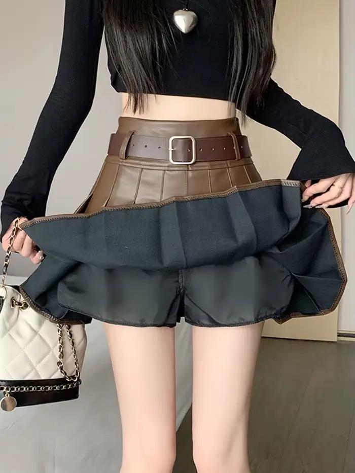Mini Jupe Trapèze Plissée en Cuir pour Femme