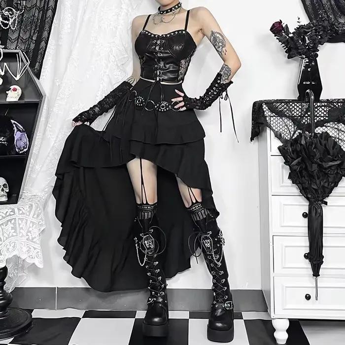 Jupe gothique Kawaii noir à plusieurs niveaux avec ourlet irrégulier pour femmes mode traînant années 90 rétro gothique alternative