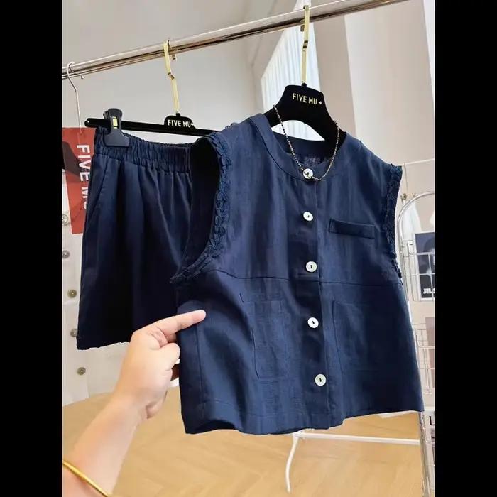 Ensemble deux pièces pour femmes, veste sans manches et jupe, tissu en lin, bordure en dentelle, bouton sur le devant, poche, tenue décontractée blanche