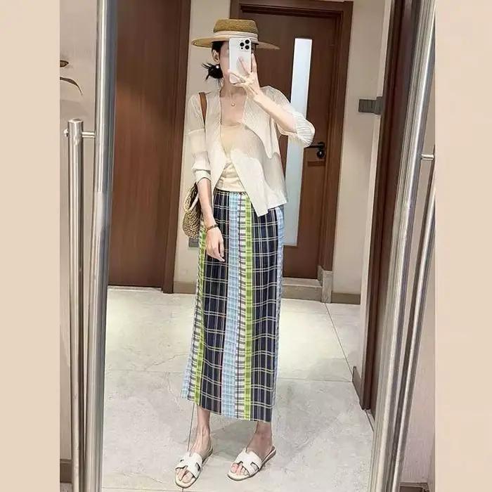 Jupe midi plissée à carreaux colorés pour femme, taille haute, fente latérale, jupe décontractée