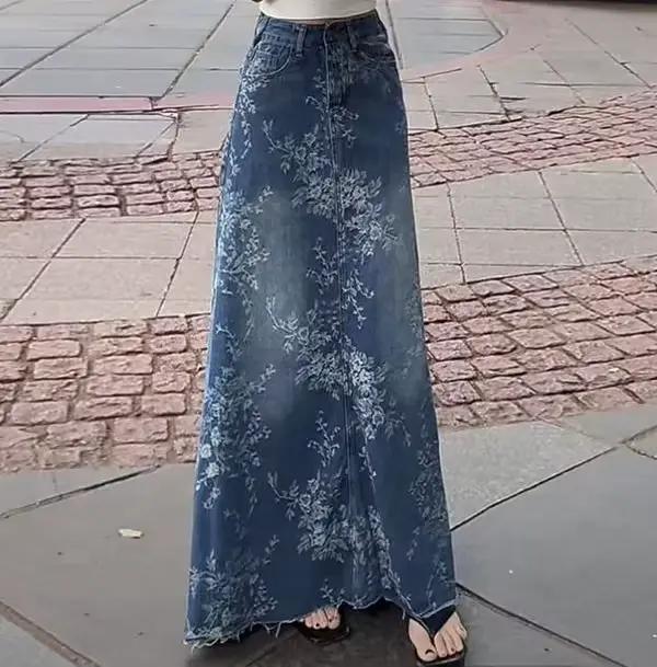 Jupe mi-longue en Denim à fleurs pour femmes