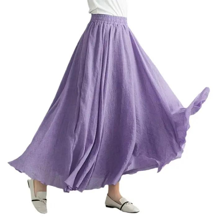 Jupe longue évasée en coton et lin de couleur unie pour femme