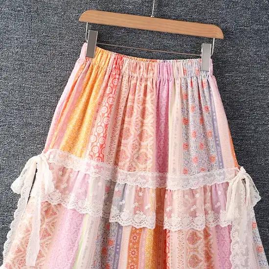 Doux Mori fille Vintage imprimé fleuri dentelle Patchwork à volants jupes femmes été taille élastique décontracté ample