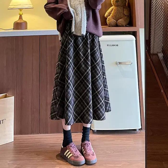 Jupe longue plissée pour femmes style preppy taille haute mi-longue texture coréenne streetwear jupe à carreaux automne hiver occassions spéciales