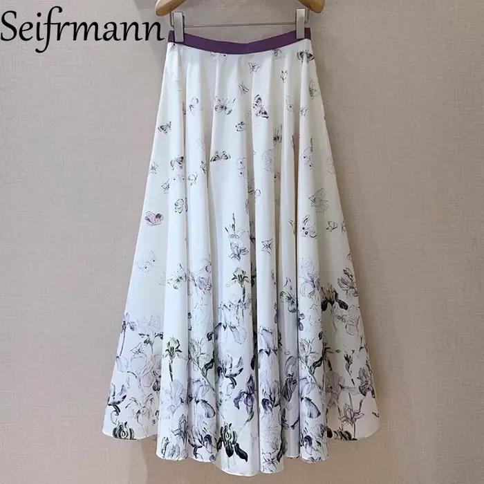 Seifrmann 2026 printemps femmes nouvelle mode et élégante Iris papillon imprimé coton a-ligne demi-longueur jupe