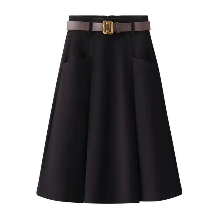 Femmes mode laine mi-longue jupes 2025 dame a-ligne grand parapluie jupe printemps automne Femme taille haute plissée