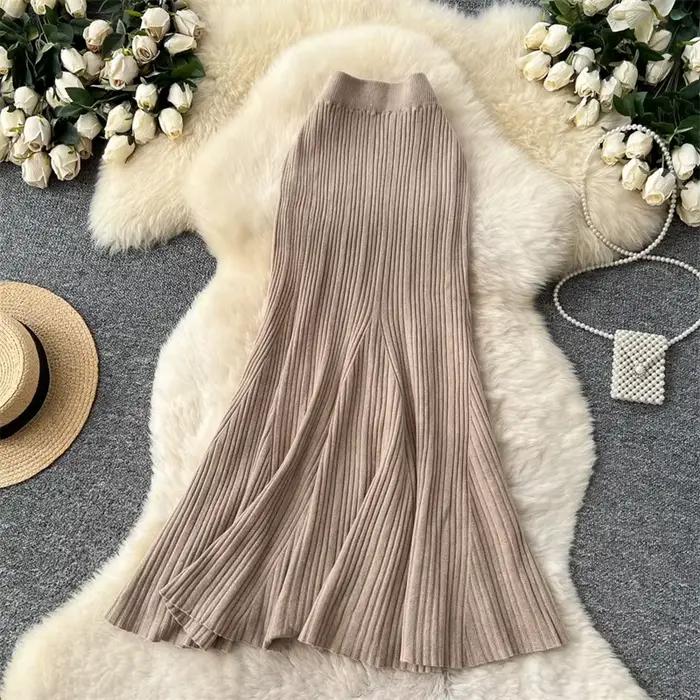 Jupe sirène tricotée française extensible, taille haute, chic et épais, pour femmes, automne hiver, tenue d'anniversaire, matériau coton polyester