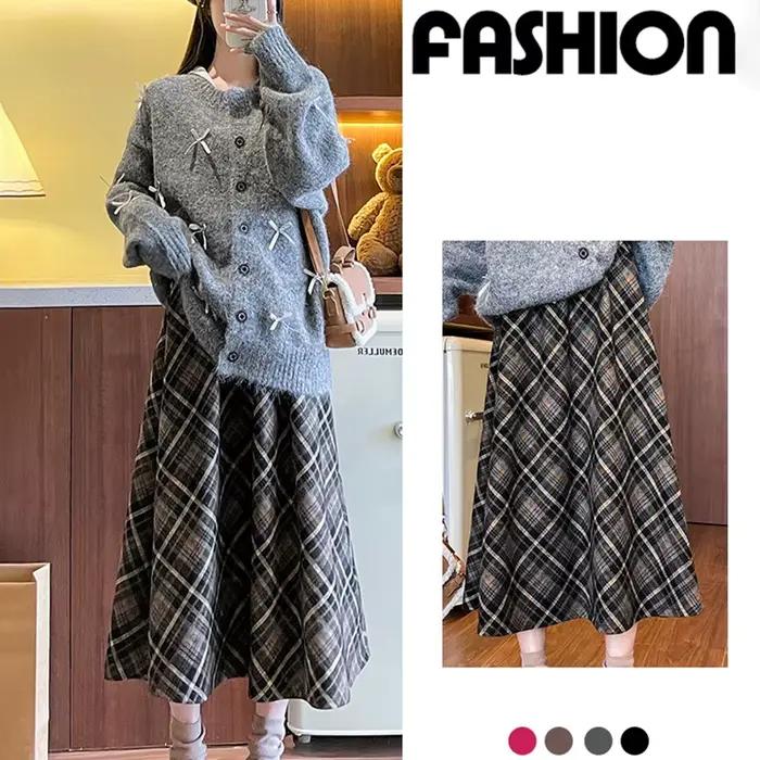 Jupe longue plissée pour femmes style preppy taille haute mi-longue texture coréenne streetwear jupe à carreaux automne hiver occassions spéciales