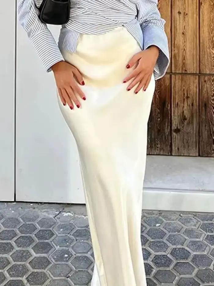 HH femmes élégant solide Satin jupe longue Chic Y2K taille haute jupes minces femme mode soie Texture dames serré