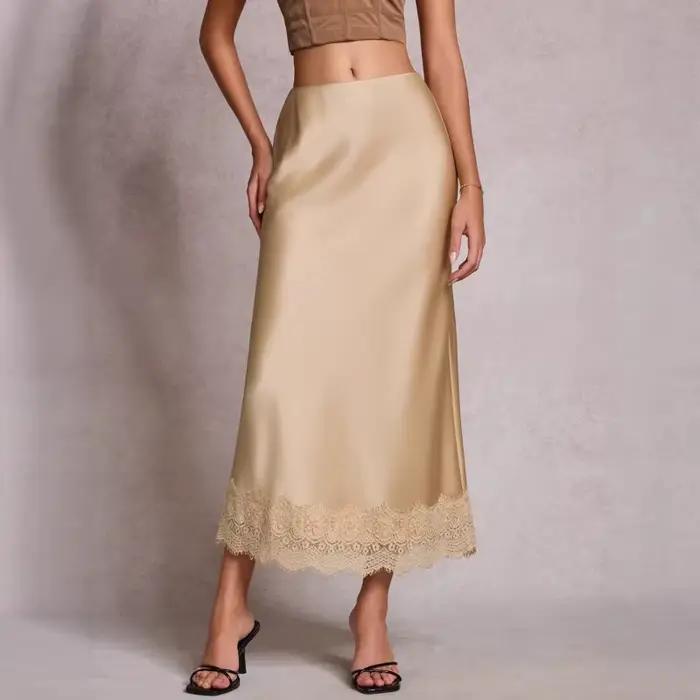 Jupe en satin à dentelle taille haute élastique