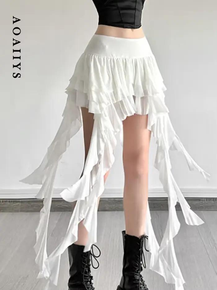 Aoaiiys jupes blanches femmes irrégulière à volants dentelle Mini jupe mode française taille haute a-ligne