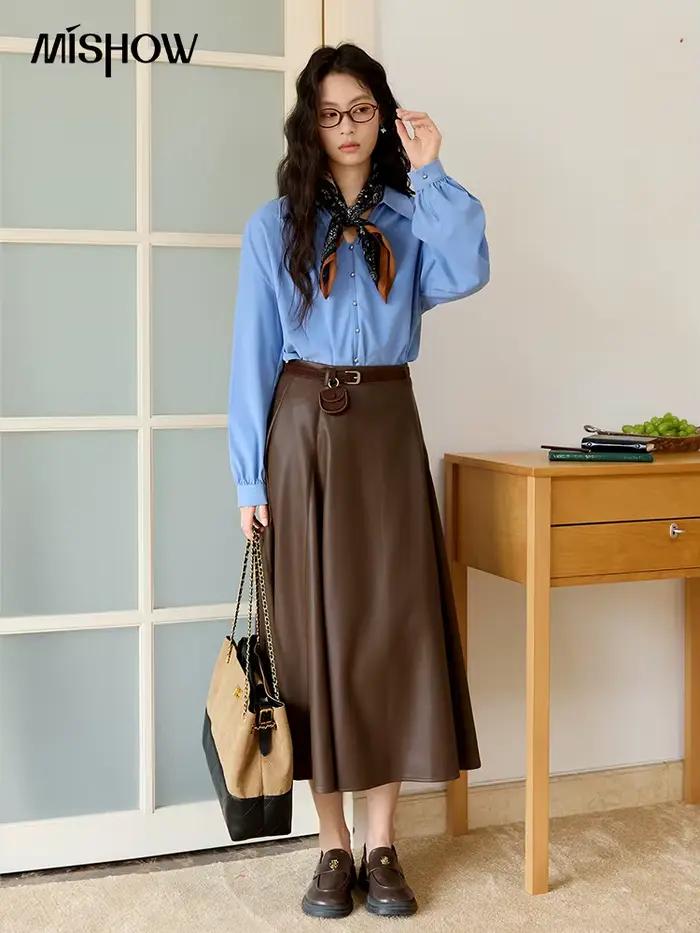 Jupe en cuir PU élégante pour femmes, style rétro, couleur café, mi-mollet, coupe régulière, automne-hiver, MISHOW