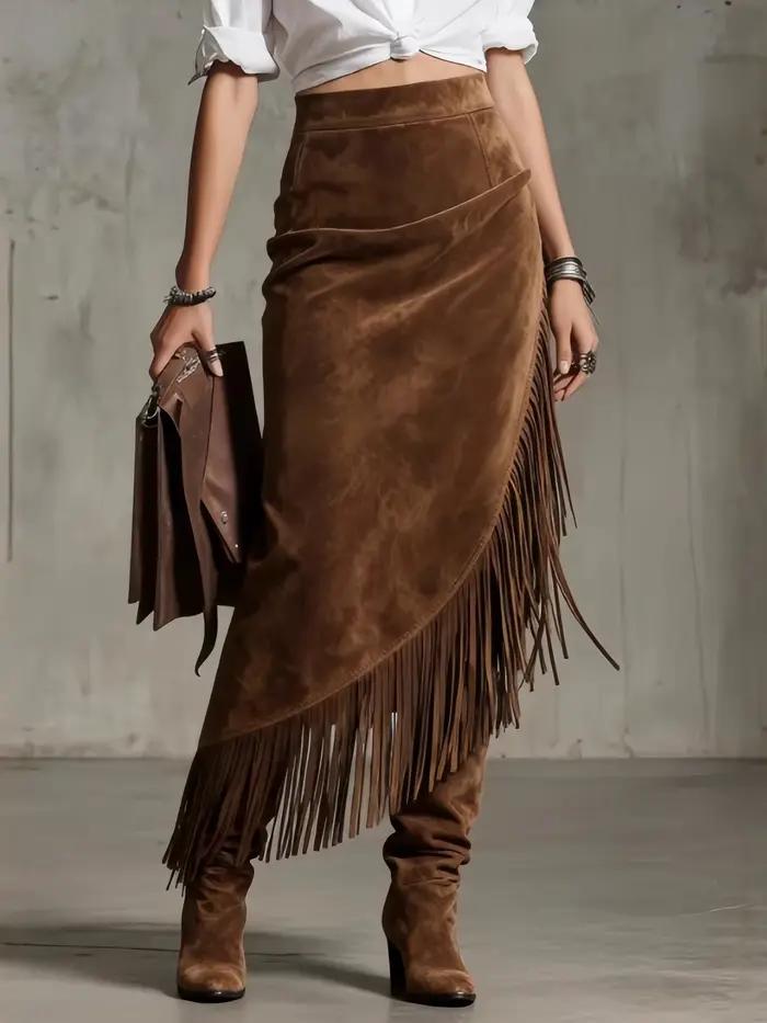 Vintage gland daim jupe femmes taille haute a-ligne irrégulière Midi Chic jupes élégant mode Streetwear Patchwork