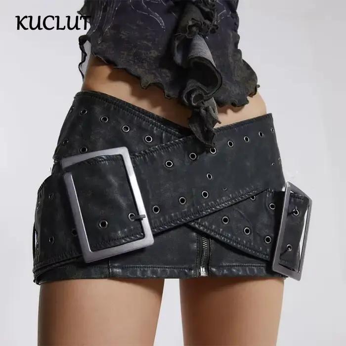 KUCLUT mode usé ceinture croisée en cuir taille basse Mini jupe pour les femmes polyvalent Style de moto enveloppé jupes de hanche 1A568