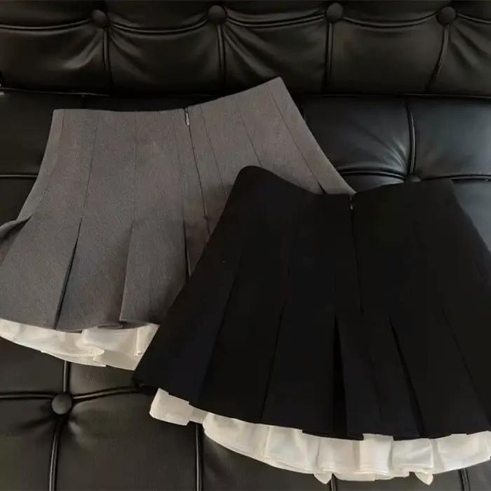 Mooyufon volants noir Mini jupe femmes coréen Patchwork jupes plissées japonais Kawaii taille haute tout Match une ligne