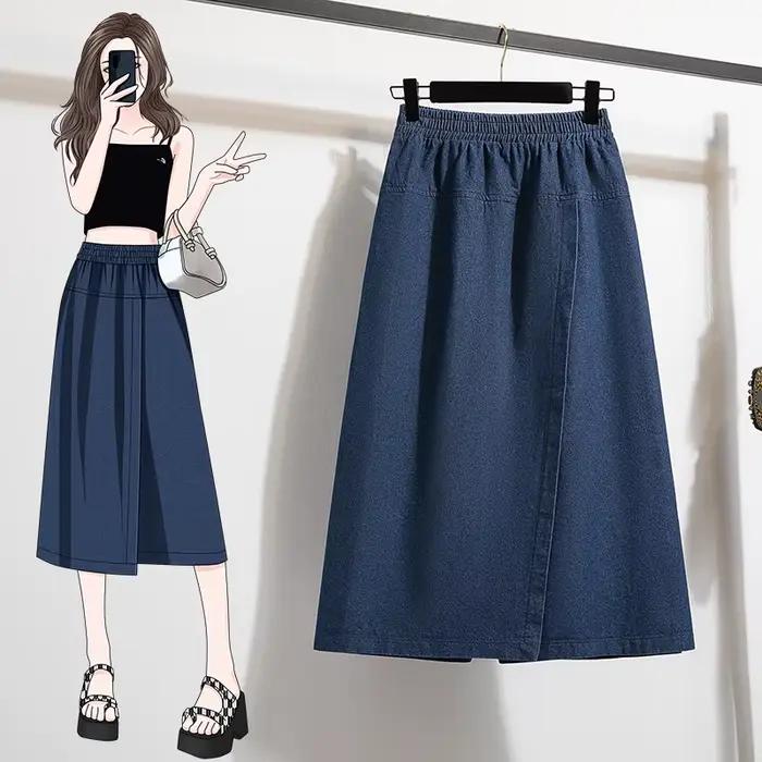 Jupe en jean taille haute trapèze mini-midi grande taille pour femme