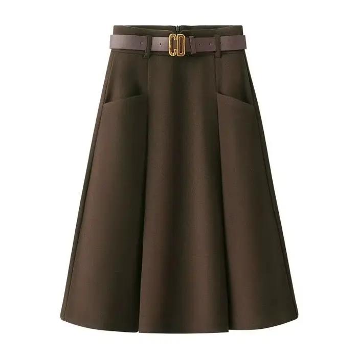 Femmes mode laine mi-longue jupes 2025 dame a-ligne grand parapluie jupe printemps automne Femme taille haute plissée