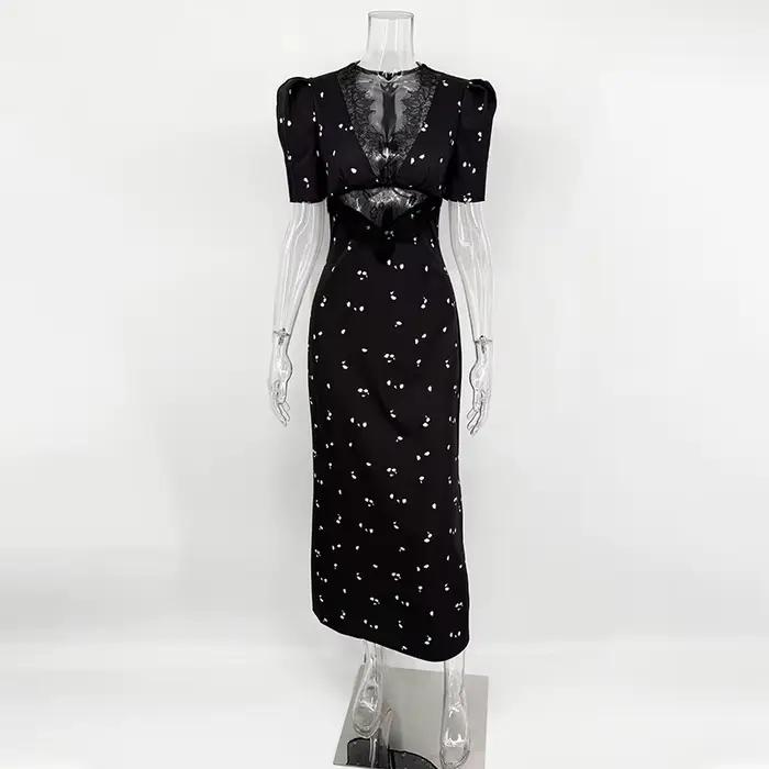 TARUXY Sexy robe en dentelle creuse mode femme à manches courtes élégant taille haute mince