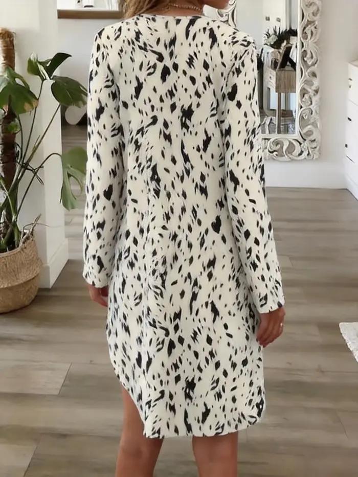 Robe courte à imprimé léopard pour femme, col en V, manches longues, ourlet asymétrique, coupe ample, polyester, tendance, décontractée, occasions spéciales