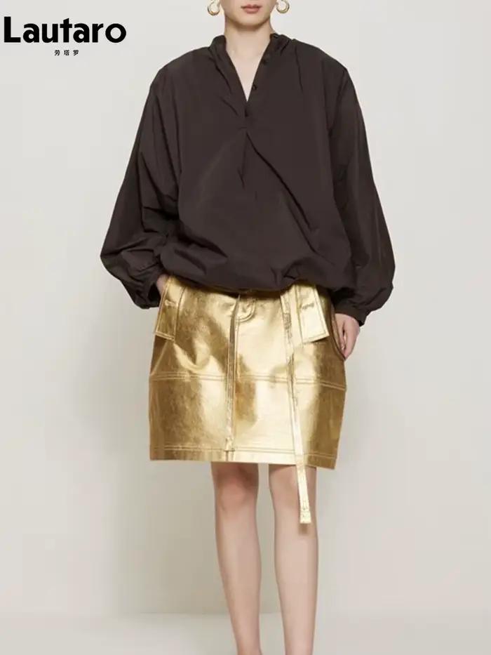 Lautaro – jupe en Faux cuir doré brillant pour femmes