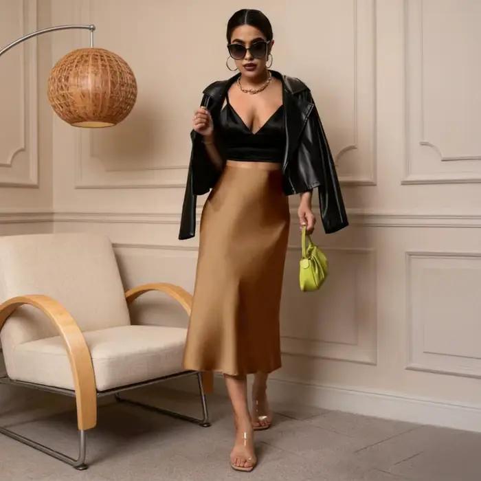 Jupe midi pour femme, taille haute