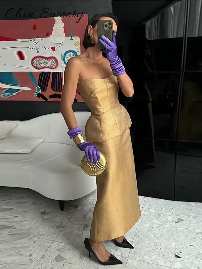 Ensemble jupe longue sans bretelles élégante pour femmes, polyester, haut tubulaire, jupe droite, occassions formelles et printemps été
