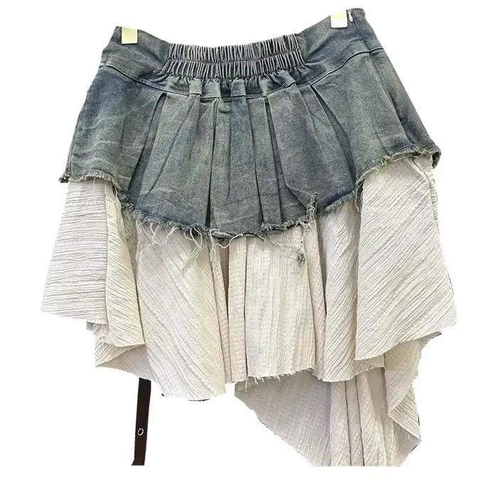 Jupe plissée en Denim épissé rétro pour femmes