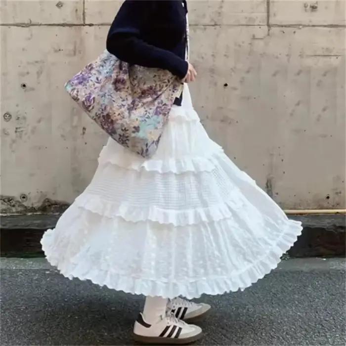 Printemps automne dentelle volants a-ligne jupes longues pour les femmes élégantes