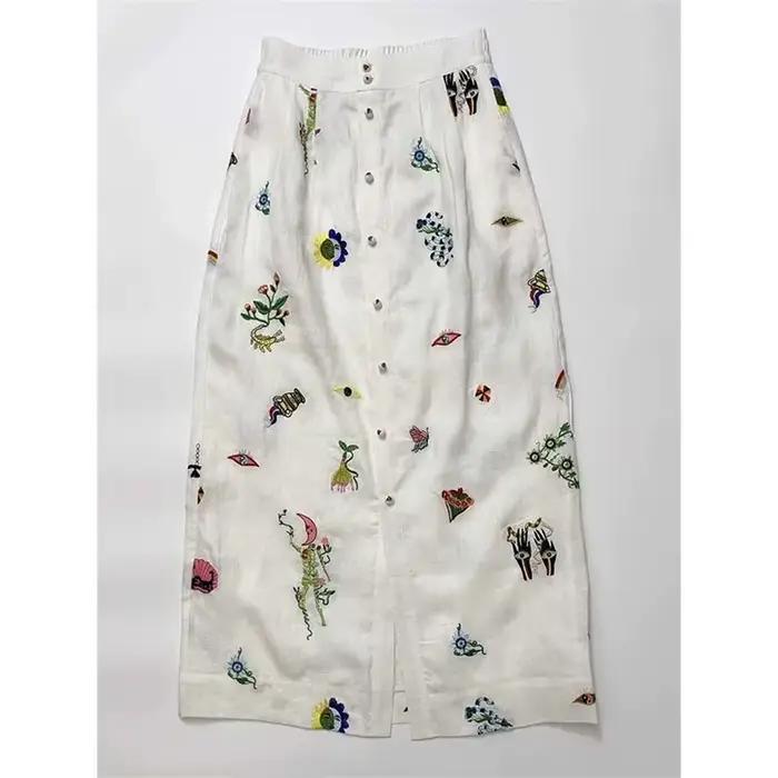 Jupe trapèze en lin doux beige pour femmes, décontractée, imprimée amusante, bouton avant, coupe trapèze, silhouette harmonieuse, été printemps, ajustement lâche, longueur mini, marque LDKVGSU