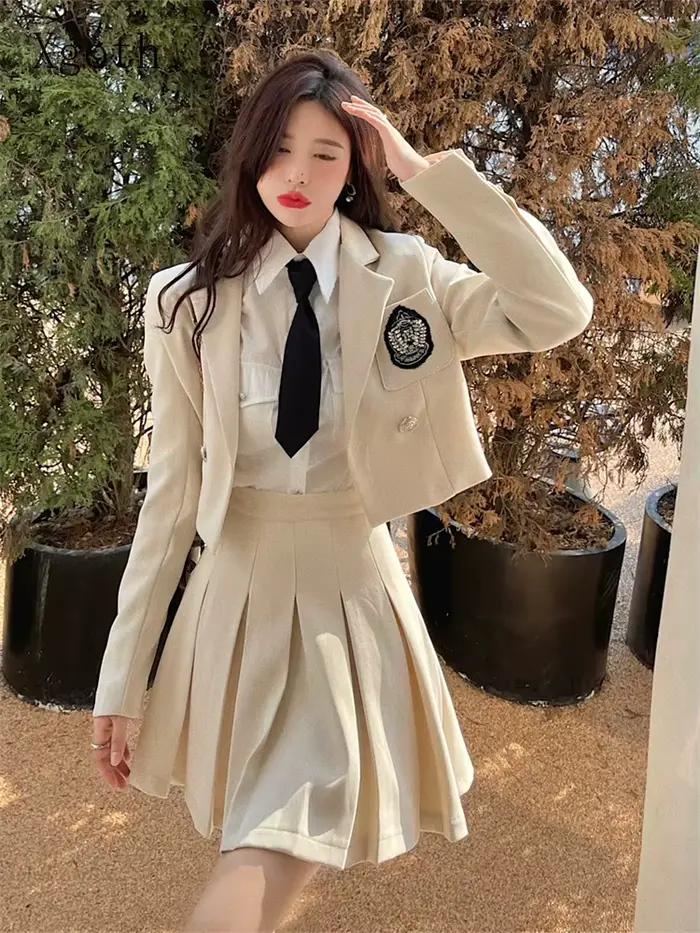 Xgoth Style Preppy jupe ensemble dames Blazer costume + chemise unie avec cravate + taille haute