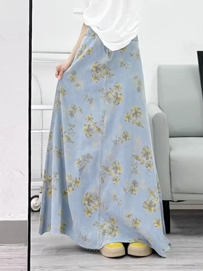Imprimé fleuri Denim jupes longues femmes été mince Maxi jean jupe Vintage taille haute