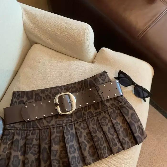 Jupe plissée taille haute et anti-éblouissement imprimé léopard américain pour filles chaudes