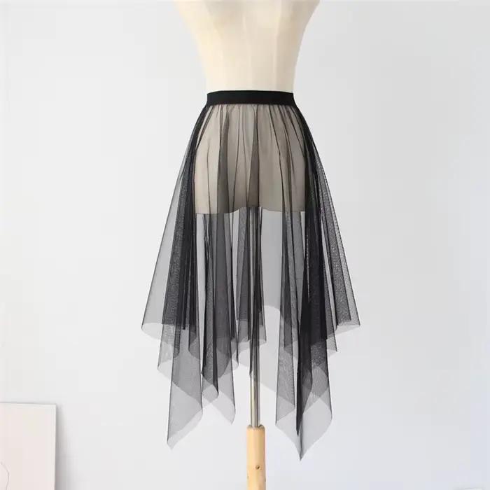 Noir blanc longue Tulle dentelle maille jupe femmes jupon sous-jupe été coréen irrégulière couvrir