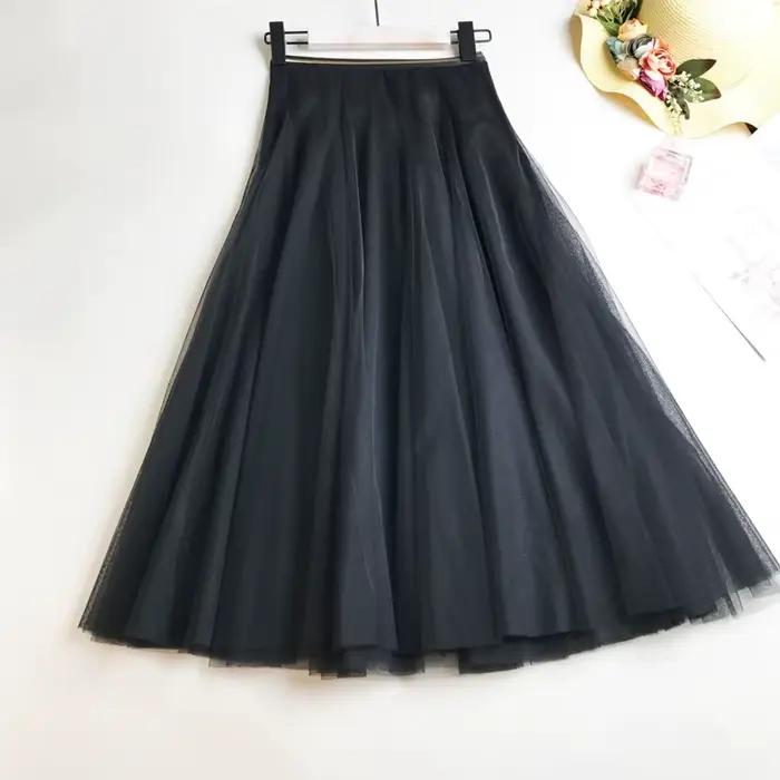 Été maille femmes jupe plissée solide taille haute une ligne Tulle jupes Chic longue Maxi Tutu