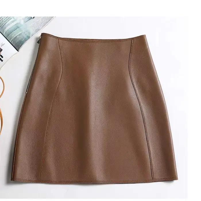 Mini jupe Sexy en cuir véritable pour femmes