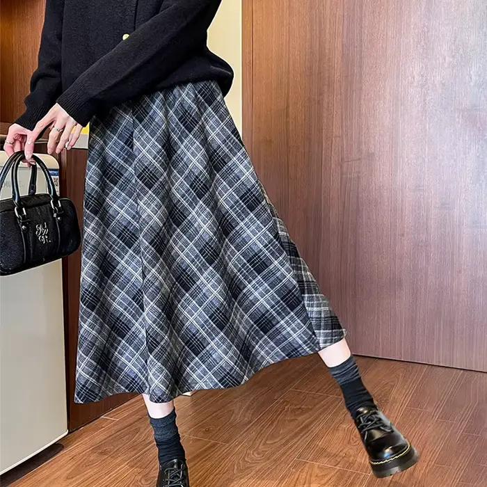 Jupe longue plissée pour femmes style preppy taille haute mi-longue texture coréenne streetwear jupe à carreaux automne hiver occassions spéciales