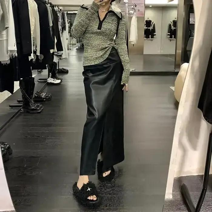 Jupe longue fendue en cuir PU noir taille haute pour femme