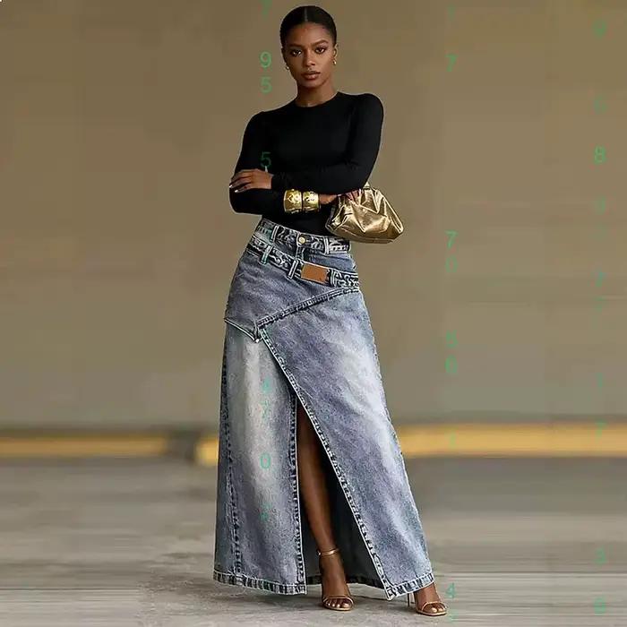 Jupe en jean taille haute à fente irrégulière