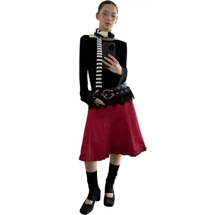 Jupe plissée rétro ample ourlet polyester streetwear femme printemps automne occasions spéciales bywindto