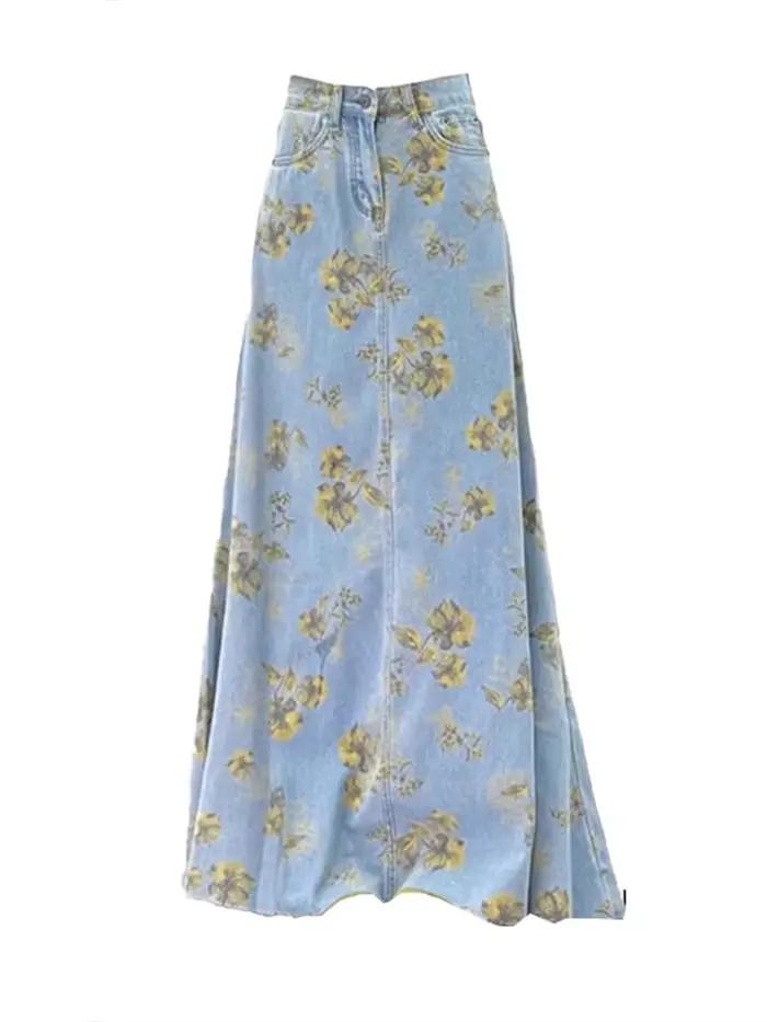 Imprimé fleuri Denim jupes longues femmes été mince Maxi jean jupe Vintage taille haute