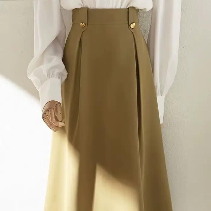 Jupe kaki jupe Midi femme drapée taille haute jupe de costume design mince et ample