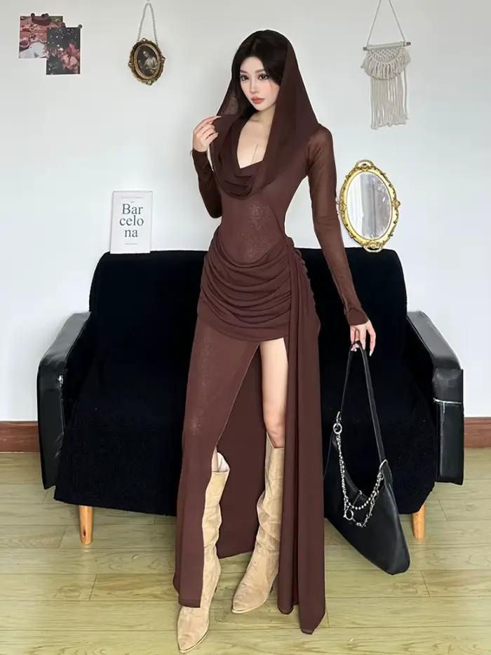 Robe longue à capuche pour femmes, vêtement grunge, couleur brun, style streetwear, silhouette asymétrique, haut de qualité, pour soirées et concerts
