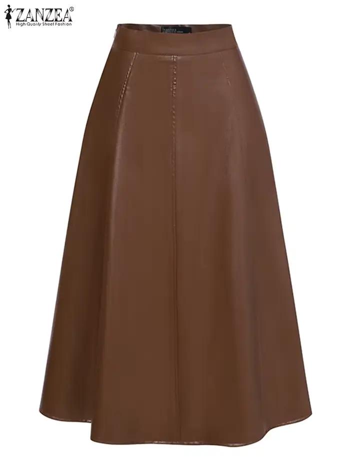 Jupe mi-longue en cuir PU pour femme