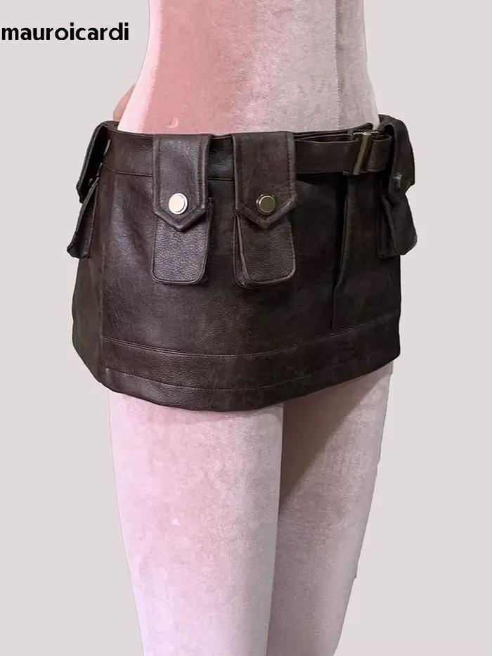 Mini jupe en cuir Pu marron pour femmes